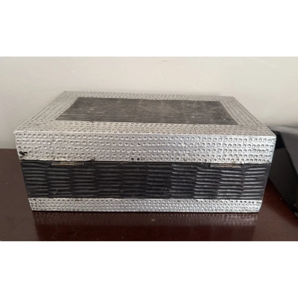 Vintage MCM Wood jewelery box  with silver Metal Accent storage organizer